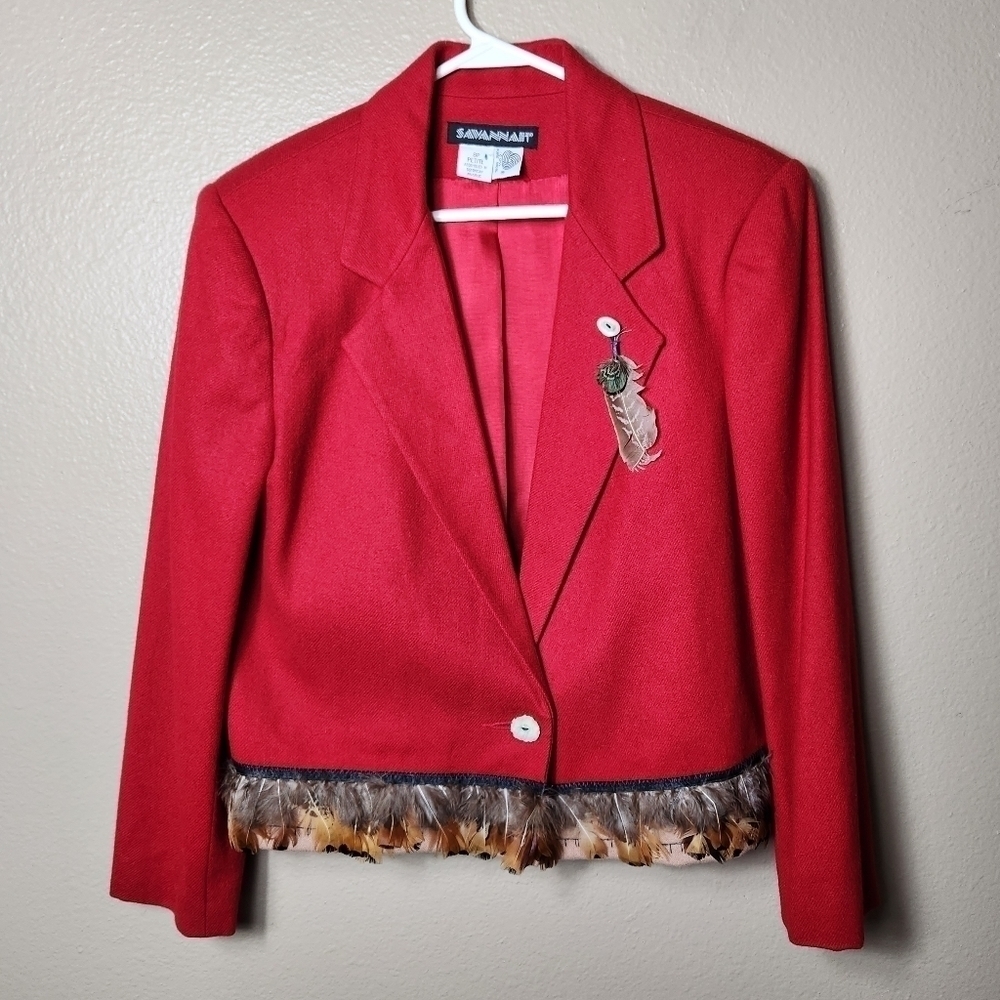 Vintage Savannah Petite 100% Wool Blazer with Antler and Feather Detail-Size 8P
